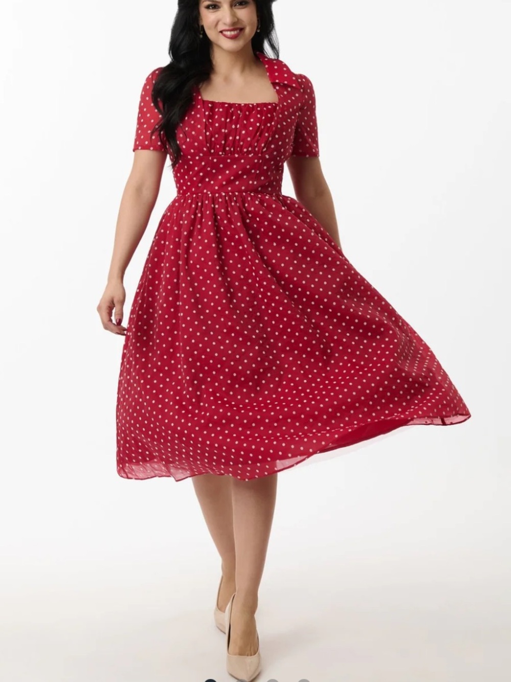 Unique Vintage/Disney Red Polka Dot Square Neck Midi Dress